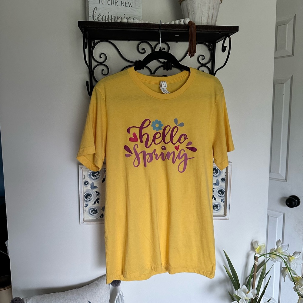 Bella Canvas Yellow Tee with Pink Script and Blue Flower
